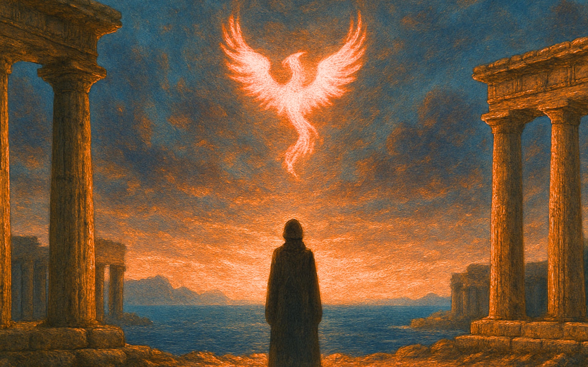 A cloaked figure between ancient Greek columns watches a fiery phoenix rise over the sea at sunset